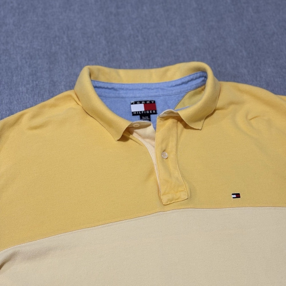 Tommy Hilfiger Polo Shirt Mens XL Yellow Cream Colorblock Pique Short Sleeve